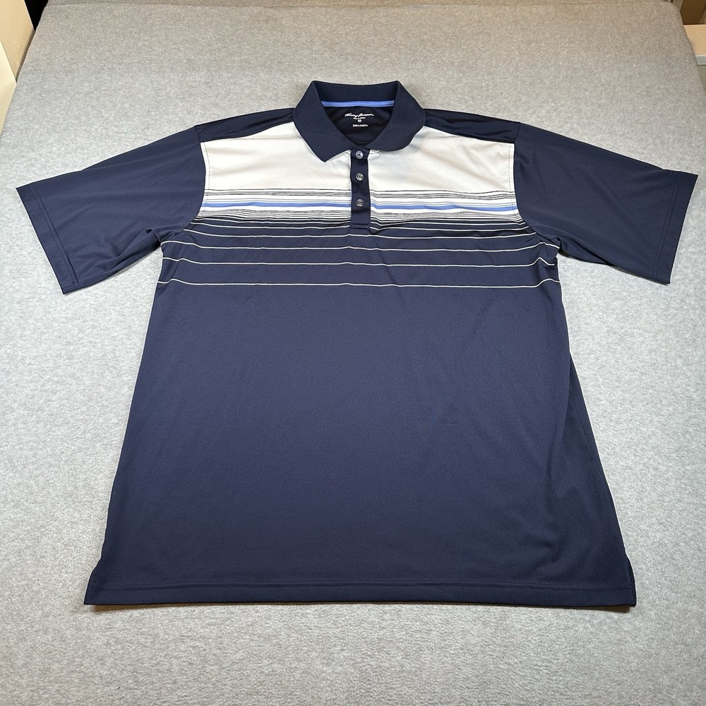 Tommy Armour Dri-Logic Polo Shirt Mens 2XL Short Sleeve Navy White Block Stripes